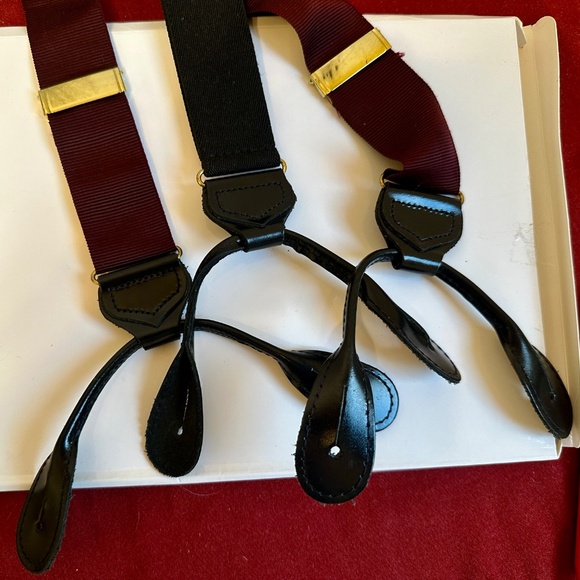 Vintage Suspenders Maroon Grosgrain Black Leather Ends Made in England Unworn - Picture 4 of 15